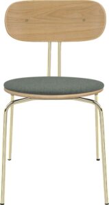 Krzesło Curious jasnozielone z tapicerowanym siedziskiem na mosiężnych nogach – elegancja, komfort, nowoczesny design