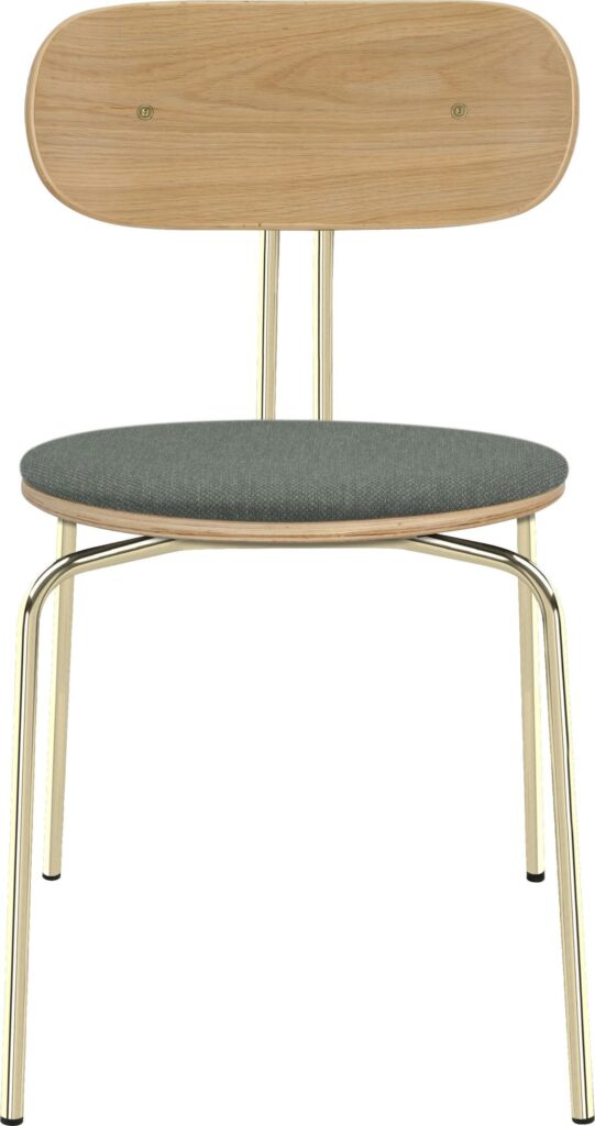 Krzesło Curious jasnozielone z tapicerowanym siedziskiem na mosiężnych nogach – elegancja, komfort, nowoczesny design
