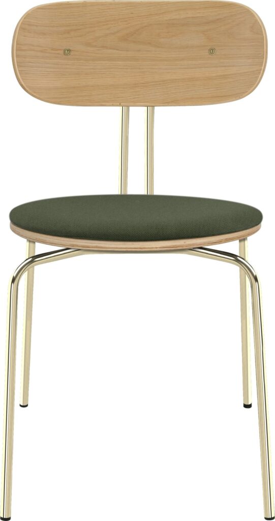 Krzesło Curious zielone z tapicerowanym siedziskiem na mosiężnych nogach – elegancki design, stylowe wykończenie, komfortowe siedzisko