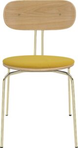 Krzesło Curious żółte z tapicerowanym siedziskiem na mosiężnych nogach – nowoczesny design, wygodne siedzisko, eleganckie nogi