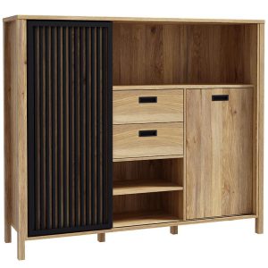 Witryna Alanya JTNR332L-M635 – elegancki design, naturalne drewno, pojemne półki, szklane drzwi