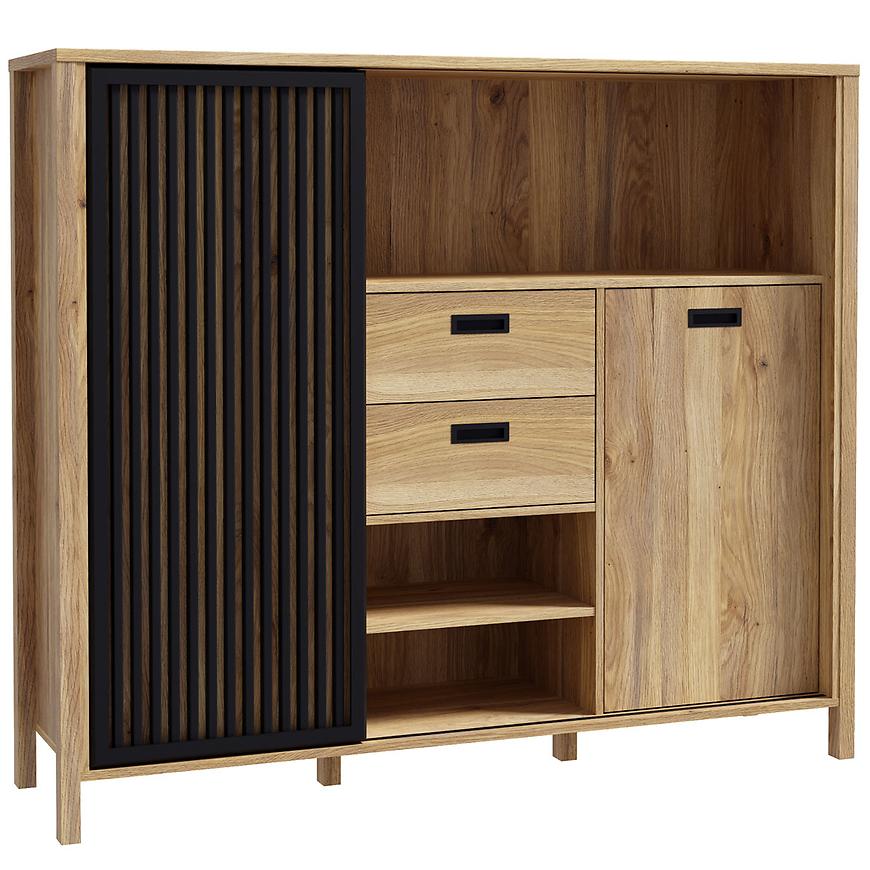 Witryna Alanya JTNR332L-M635 – elegancki design, naturalne drewno, pojemne półki, szklane drzwi