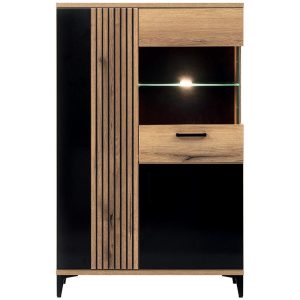 Witryna Aris As06 Dąb/Czarny – elegancka, funkcjonalna, z pojemnymi półkami