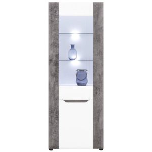 Witryna Brando B05 Bialy/Beton – nowoczesny design, praktyczne półki, materiał MDF