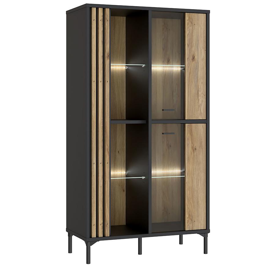 Witryna Figila JMXV521-M637 – elegancki design, pojemne wnętrze, kolor dąb, materiał MDF