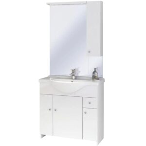 Zestaw szafka z umywalką + lustro Bratysława D75 – elegancki design, funkcjonalność, kolor biały, materiał MDF