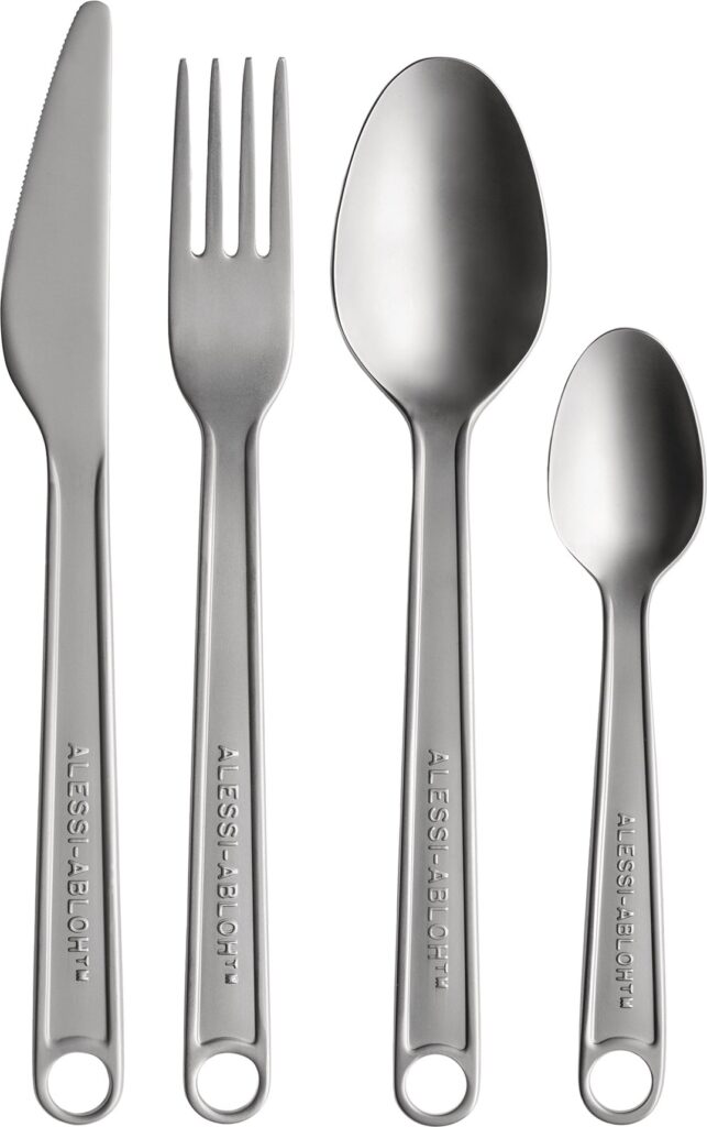 Komplet sztućców Alessi 4 el. – elegancki design, stal nierdzewna, minimalistyczny styl