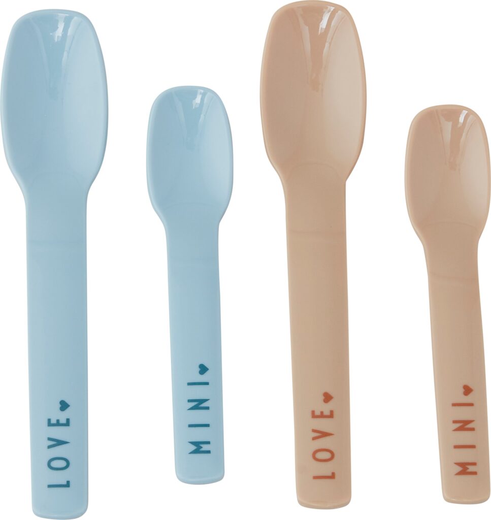 Łyżeczki dziecięce Mini Favourite błękitno-beżowe 4 szt. – ergonomiczny kształt, bezpieczne materiały, idealne dla najmłodszych