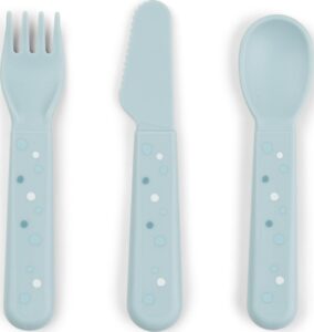Sztućce dziecięce Foodie Happy Dots niebieskie 3 el. – ergonomiczne, bezpieczne, kolorowe