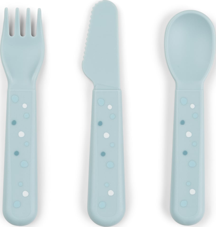 Sztućce dziecięce Foodie Happy Dots niebieskie 3 el. – ergonomiczne, bezpieczne, kolorowe