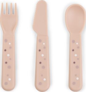 Sztućce dziecięce Foodie Happy Dots różowe 3 el. – ergonomiczne kształty, bezpieczne materiały, zabawny design