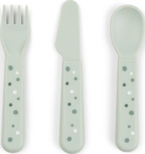Sztućce dziecięce Foodie Happy Dots zielone 3 el. – ergonomiczny design, bezpieczne materiały, kolorowe akcenty