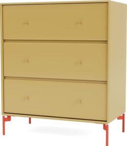 Komoda Carry musztardowa na czerwonych nogach – nowoczesny design, funkcjonalność, unikalny kolor