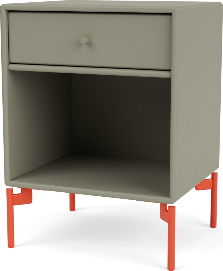 Szafka nocna Dream brązowozielona na czerwonych nogach – styl skandynawski, ergonomiczny design, funkcjonalność