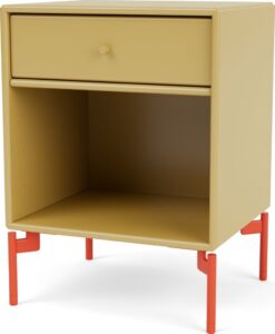 Szafka nocna Dream musztardowa na czerwonych nogach – nowoczesny design, funkcjonalność, stylowy akcent