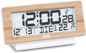Zegar i budzik ADE 12,6 cm bambusowy sterowany radiowo – elegancki design, naturalny materiał, funkcjonalność