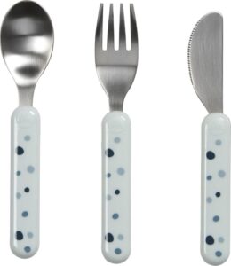 Sztućce dla dzieci Dreamy Dots niebieskie 3 el. – ergonomiczne kształty, bezpieczne materiały, kolorowe wzornictwo