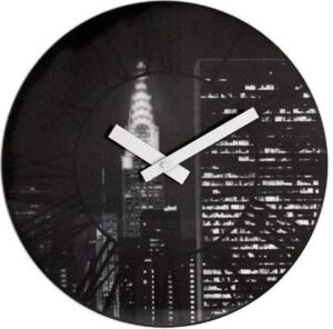 Zegar ścienny The City – nowoczesny design, elegancki wygląd, czarny kolor, materiał: metal i szkło