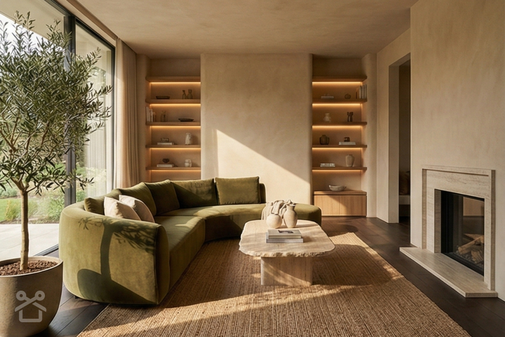 Nowoczesny Salon Organic Modern | Trawertyn, Welur i Gliniany Tynk