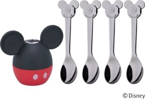 Solniczka i łyżeczki dziecięce Mickey Mouse 5 szt – zestaw dla maluchów, kolorowe, bezpieczne materiały