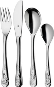Sztućce dziecięce WMF Krasnale 4 el. – zestaw dla najmłodszych, ergonomiczny kształt, kolorowy design, stal nierdzewna