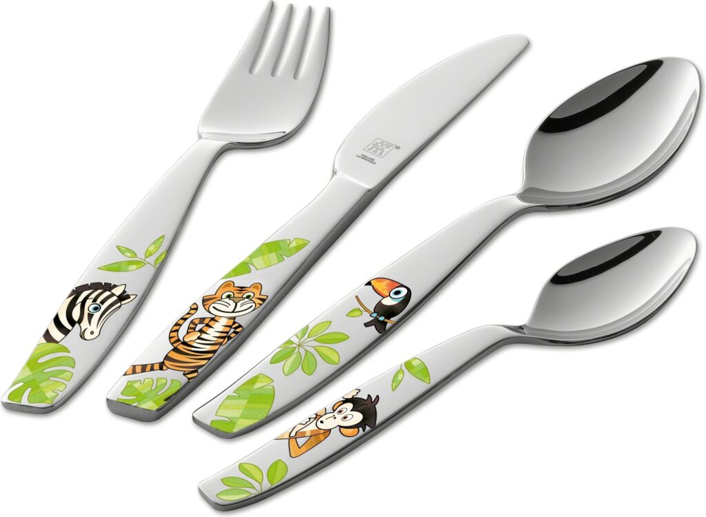 Zestaw sztućców dla dzieci 4 el. Jungle – kolorowe, bezpieczne, ergonomiczne, wykonane z wysokiej jakości materiałów