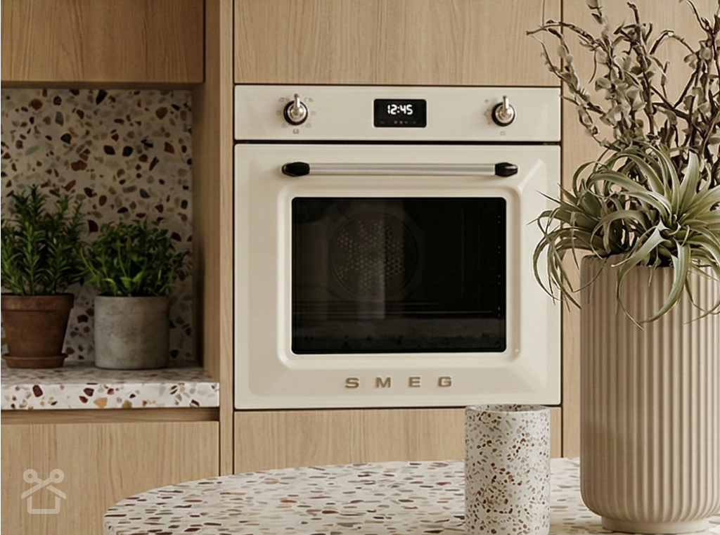 Kuchnia w stylu organic modern z wyspą z ryflowaną podstawą, kremowy piekarnik w stylu retro.