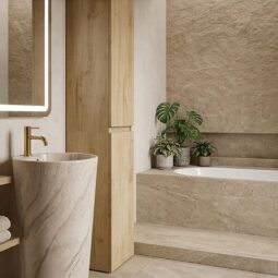 Łazienka Organic Modern: Domowe Spa z Kamieniem i Drewnem