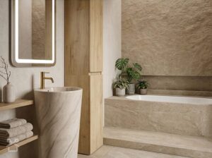 Wolnostojąca rzeźbiona umywalka ze złotą baterią na tle drewnianego słupka w łazience w stylu organic modern