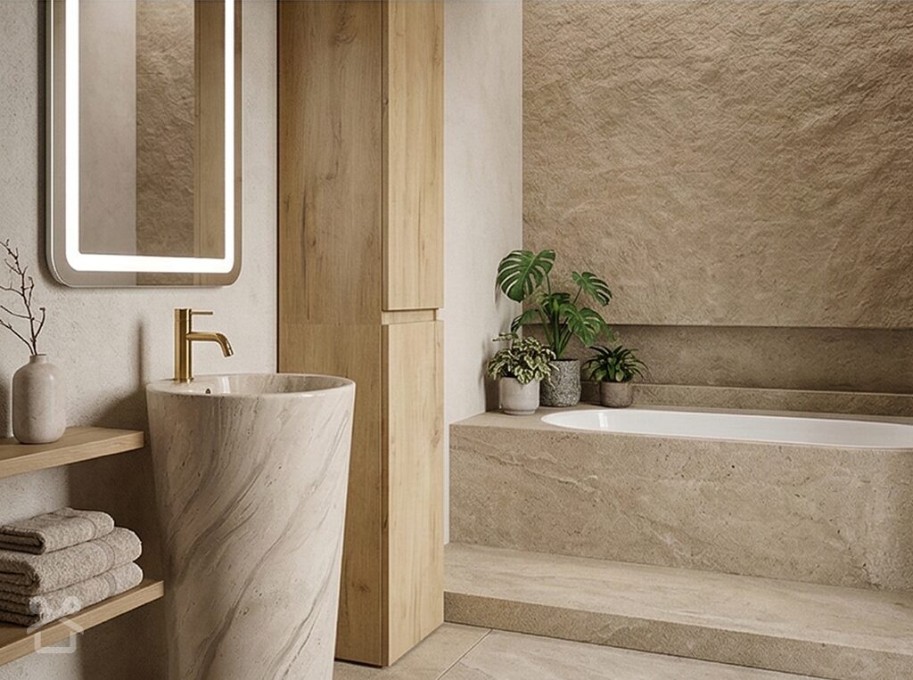 Łazienka Organic Modern: Domowe Spa z Kamieniem i Drewnem