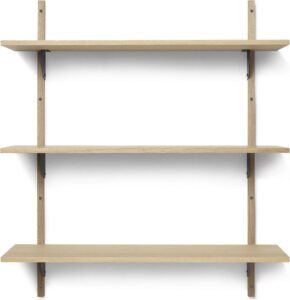 Półka Sector potrójna 87 cm jasny dąb z czarnym mosiężnym mocowaniem – elegancki design, nowoczesny styl, funkcjonalność