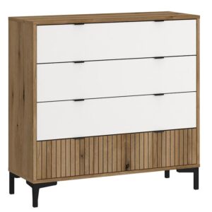 Komoda Ricko RIKK03 4S biały alpejski/dąb coast evoke/nadruk – nowoczesny design, funkcjonalność, elegancki wygląd
