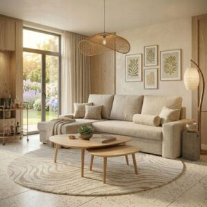 NAROŻNIK DO SALONU ROZKŁADANY Z FUNKCJĄ SPANIA 230 CM SOFA NAROŻNA BEŻOWA