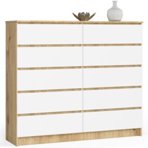 Komoda do sypialni, STILO, 10 szuflad, 140x40x121 cm, dąb artisan, biel, mat