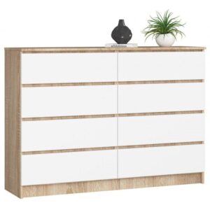 Komoda do sypialni, STILO, 8 szuflad, 140x40x99 cm, dąb sonoma, biel, mat