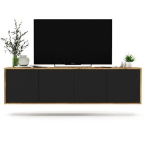 Wisząca szafka RTV, NORD, 150x35x39 cm, dąb wotan, czarny, mat