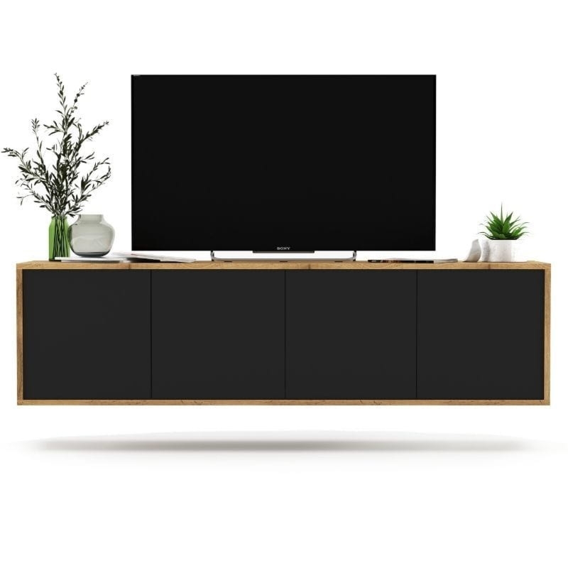 Wisząca szafka RTV, NORD, 150x35x39 cm, dąb wotan, czarny, mat