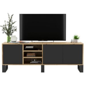 Szafka RTV, loft, NORD, rama, 150x35x53 cm, dąb wotan, czarny, mat