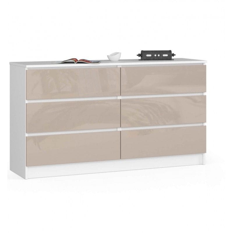 Komoda do sypialni, 6 szuflad, STILO, 140x40x77 cm, biel, cappuccino, połysk