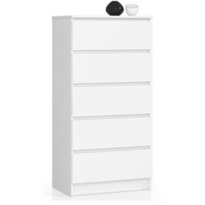 Komoda do sypialni, 5 szuflad, STILO, 60x40x121 cm, biel, mat