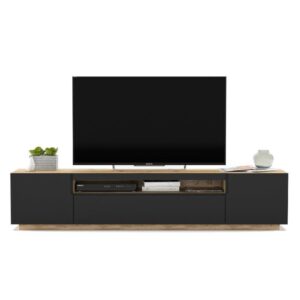 Szafka RTV, loft, industrialna, RUNO, 200x37x41 cm, dąb artisan, czarny, mat