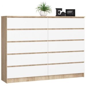 Komoda do sypialni, 10 szuflad, STILO, 160x40x121 cm, dąb sonoma, biel, mat