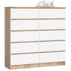 Komoda do salonu, sypialni, STILO, 10 szuflad, 120x40x121 cm, dąb sonoma, biel, mat