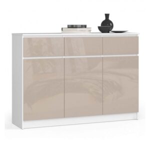 Komoda, 3 szuflady, 3 drzwi, ATLAS, 140x40x99 cm, biel, cappuccino, połysk