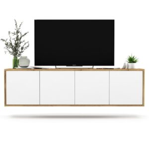 Wisząca szafka RTV, NORD, 150x35x39 cm, dąb wotan, biel, mat