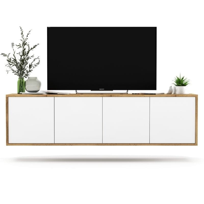 Wisząca szafka RTV, NORD, 150x35x39 cm, dąb wotan, biel, mat