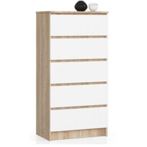 Komoda do sypialni, 5 szuflad, STILO, 60x40x121 cm, dąb sonoma, biel, mat