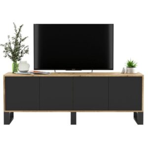 Komoda RTV, NORD, rama, 150x35x53 cm, dąb wotan, czarny, mat
