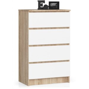 Komoda do sypialni, 4 szuflady, STILO, 60x40x99 cm, dąb sonoma, biel, mat
