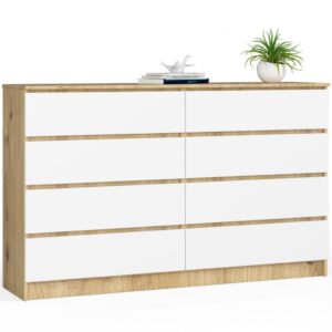 Komoda do sypialni, 8 szuflad, STILO, 160x40x99 cm, dąb artisan, biel, mat
